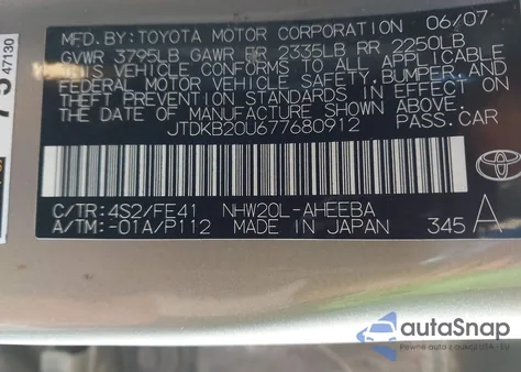2007 Toyota Prius z USA, uszkodzony, nr VIN JTDKB20U677680912
